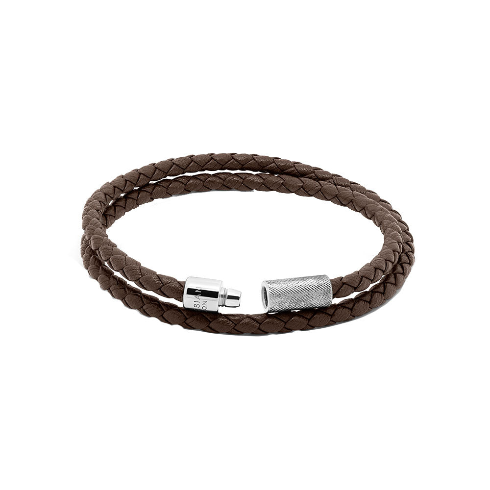 Sterling Silver Mens Wrap Braided Brown Leather Bracelet