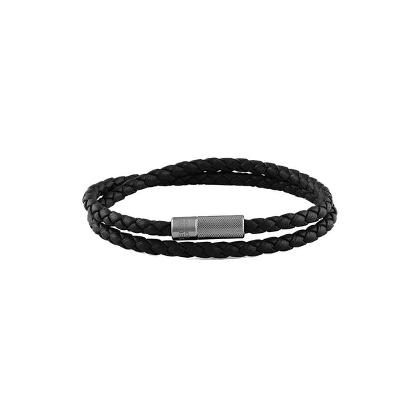 Black Ruthenium Mens Braided Black Leather Wrap Bracelet