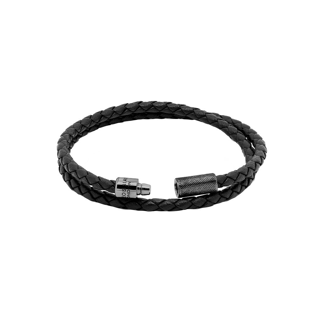 Black Ruthenium Mens Braided Black Leather Wrap Bracelet