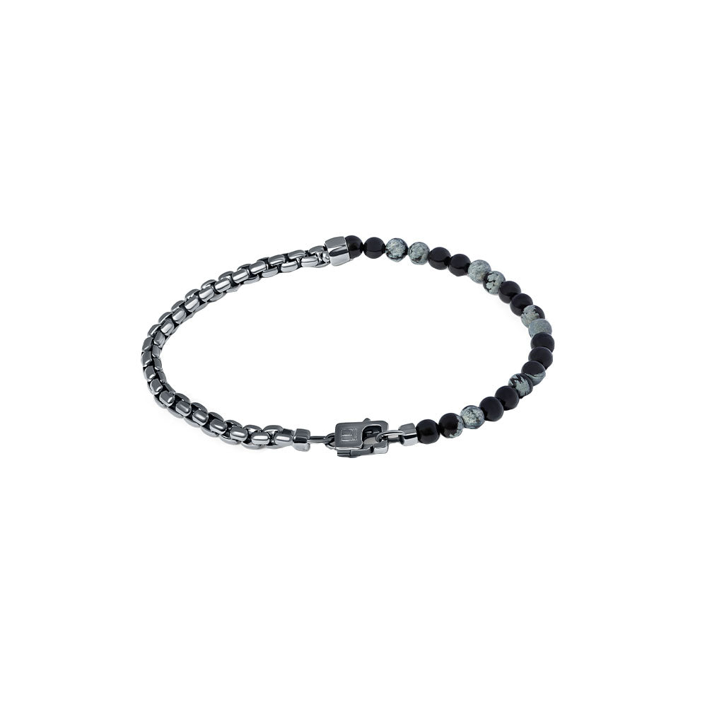 Ruthenium Mens Bracelet with Half Snow Flake Obsidian Beads and Half Box Links