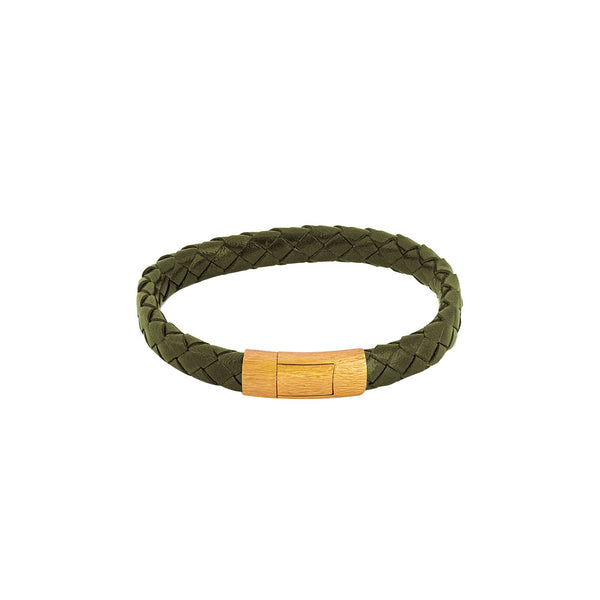 Braided Olive Green Mens Leather Bracelet Yellow Gold Vermeil Clasp