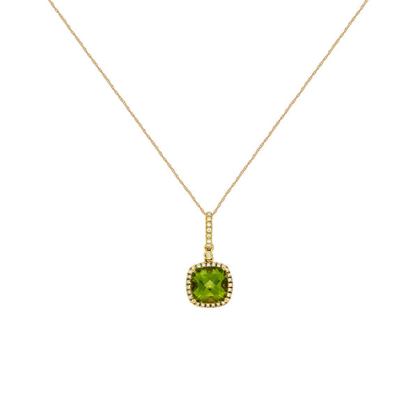 14 Karat Yellow Gold Halo & Drop Necklace With Peridot And Diamonds