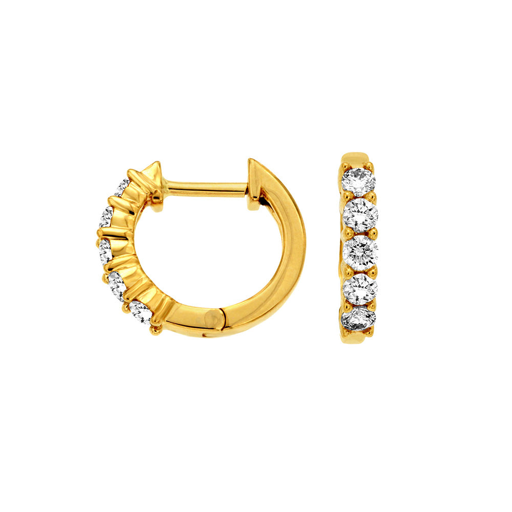 14 Karat Yellow Gold Huggie Earrings With Round Diamonds