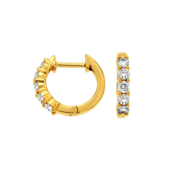 14 Karat Yellow Gold Huggie Earrings With Round Diamonds