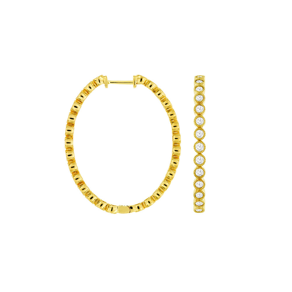 14 Karat Yellow Gold Oval Hoop Earrings With Diamonds