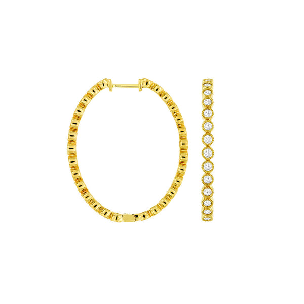 14 Karat Yellow Gold Oval Hoop Earrings With Diamonds