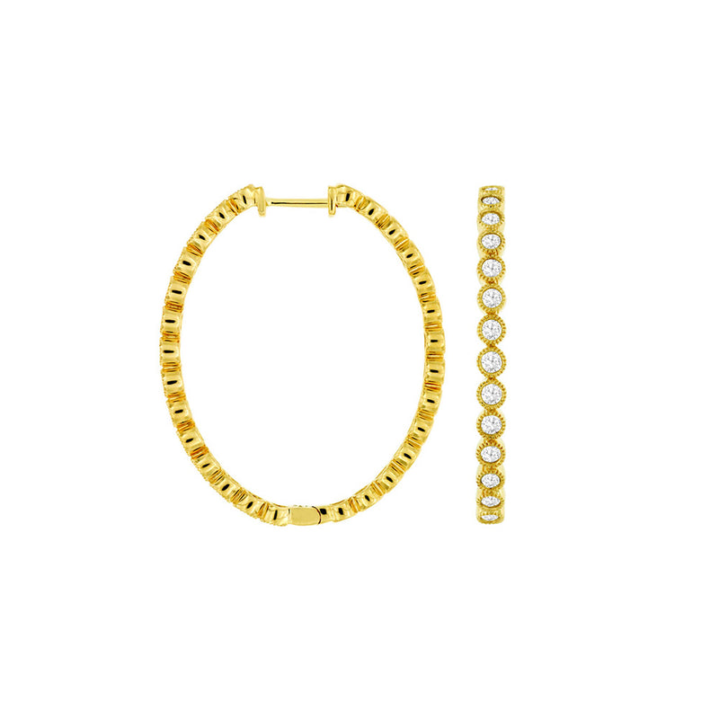 14 Karat Yellow Gold Oval Hoop Earrings With Diamonds