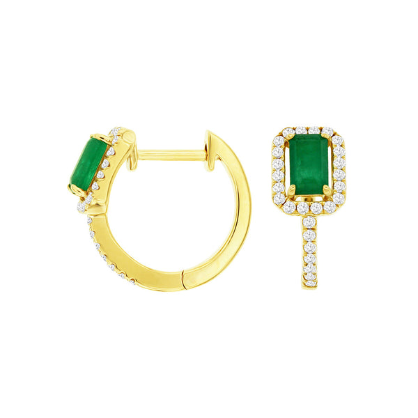 14 Karat Yellow Gold Huggie Earrings With Emeralds And Diamonds