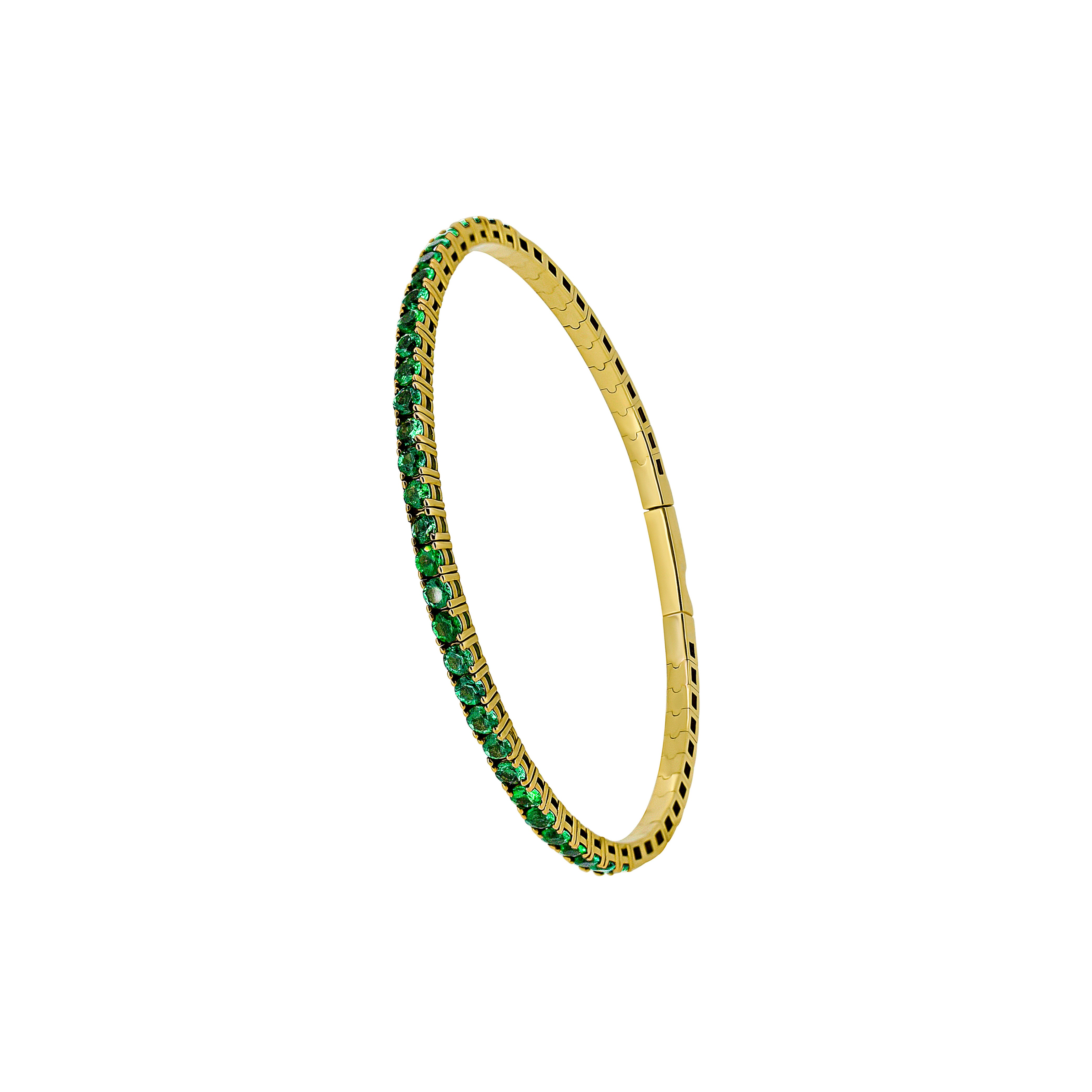 14 Karat Yellow Gold Flexible Bangle With Emeralds