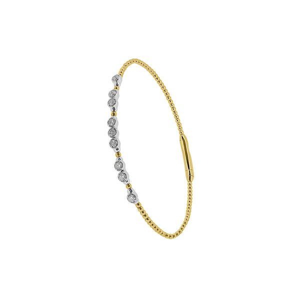 14 Karat Yellow and White Gold Flexible Bangle with Bezel set Diamonds