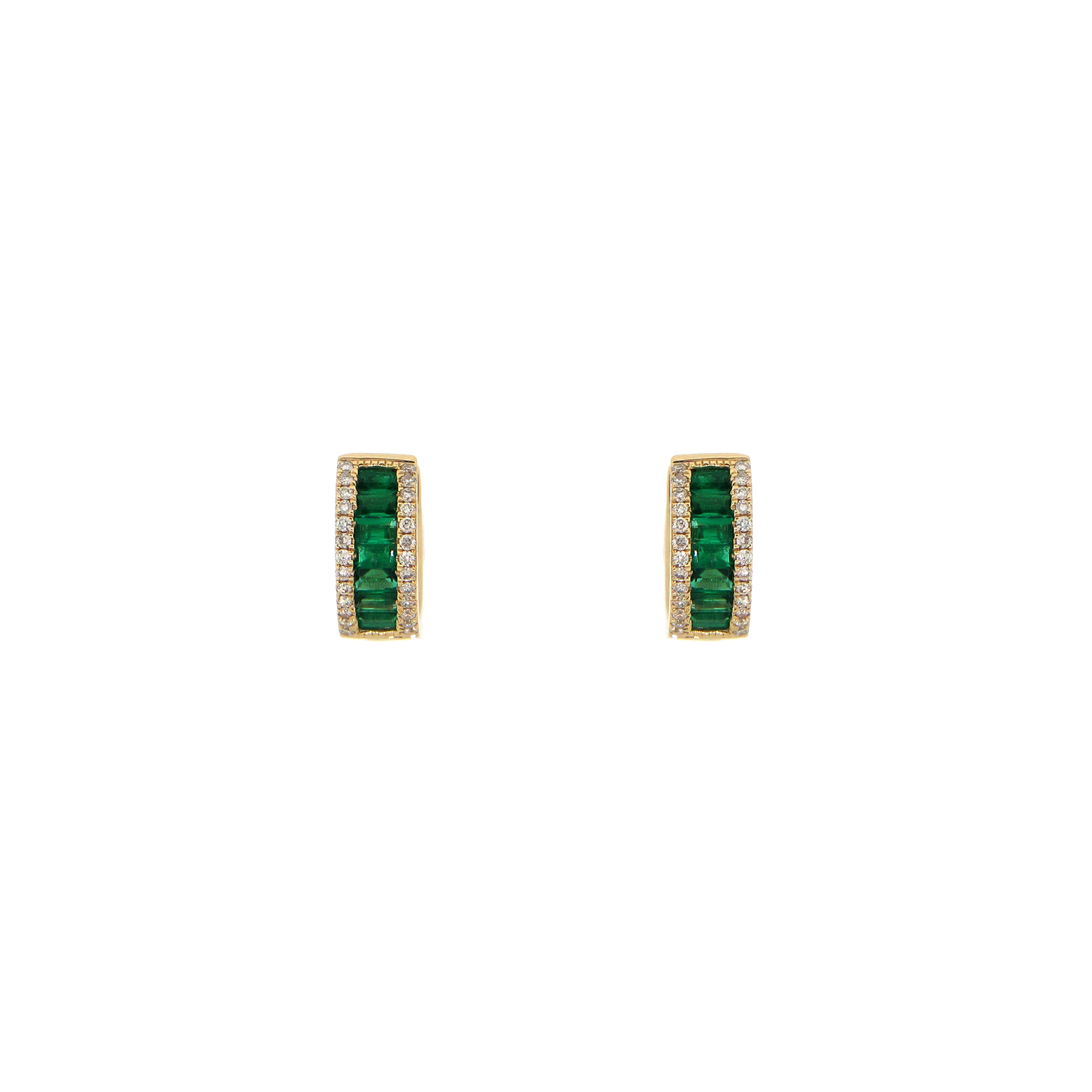 14 Karat yellow gold emerald and diamond hoop earrings