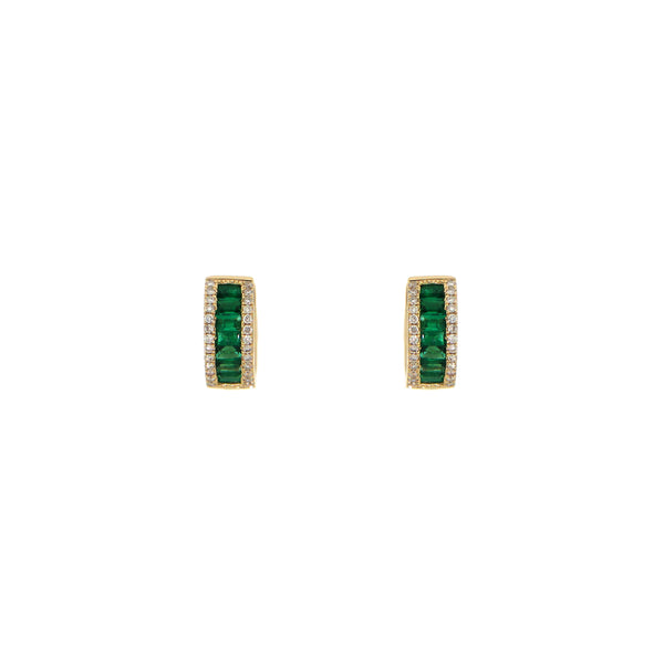 14 Karat yellow gold emerald and diamond hoop earrings