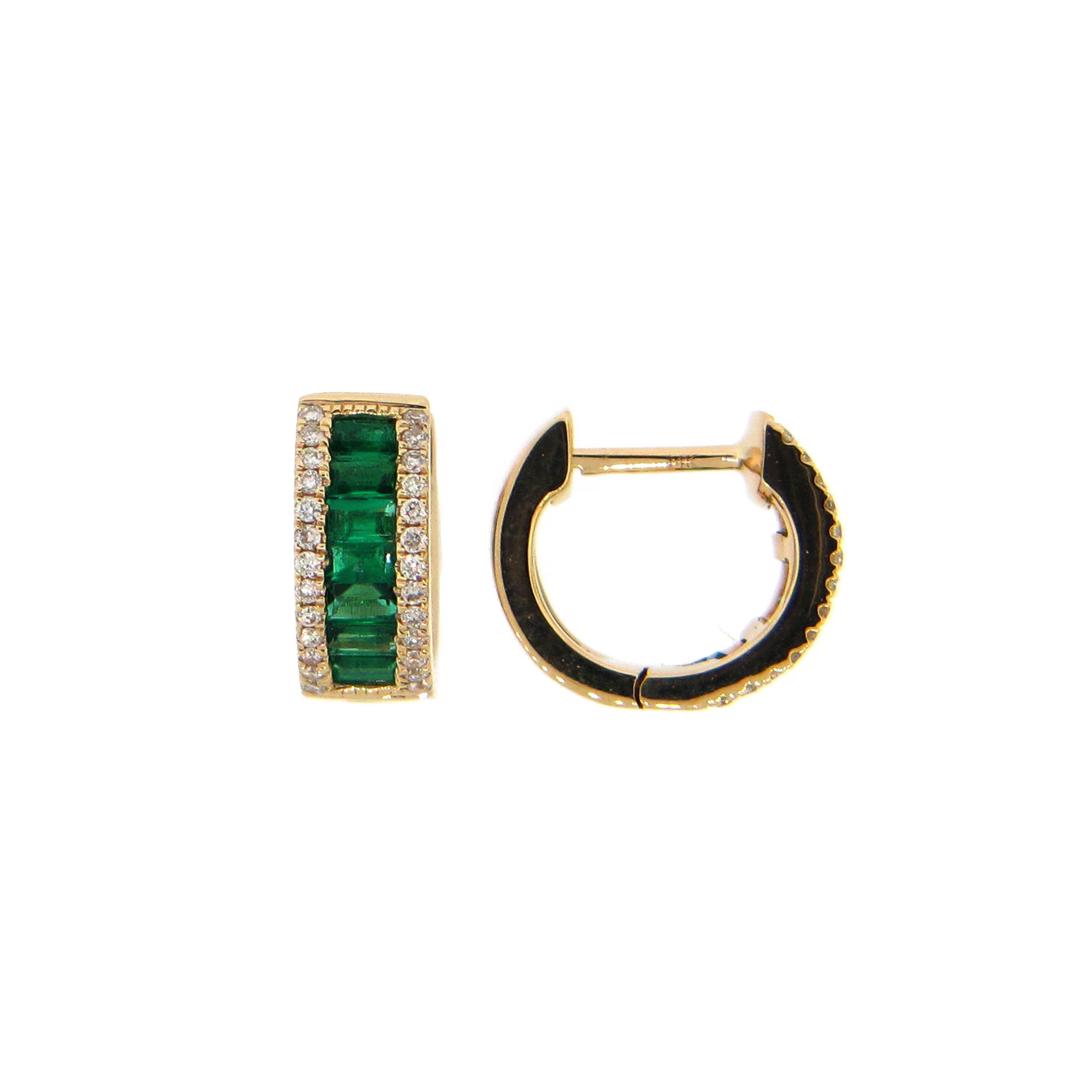 14 Karat yellow gold emerald and diamond hoop earrings