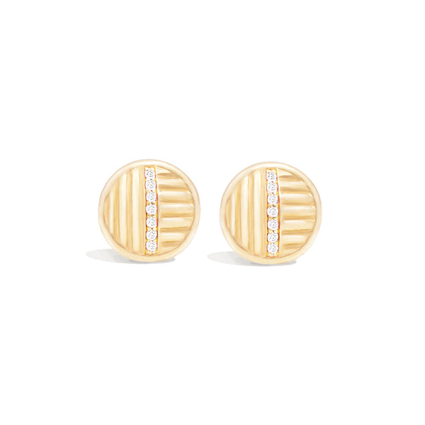 14 Karat Yellow Gold Round Ribbed Stud Earring with Diamonds