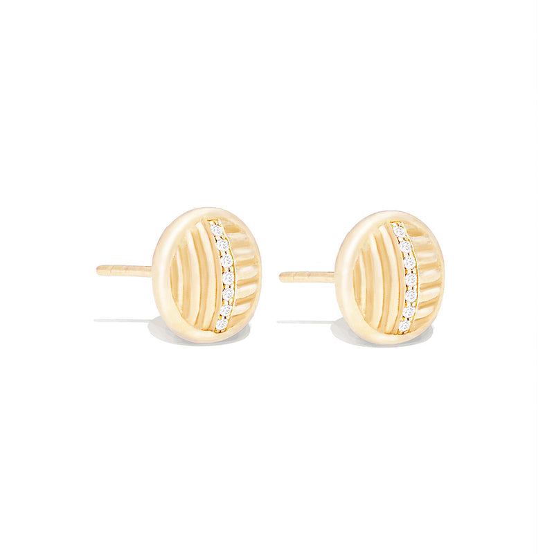 14 Karat Yellow Gold Round Ribbed Stud Earring with Diamonds