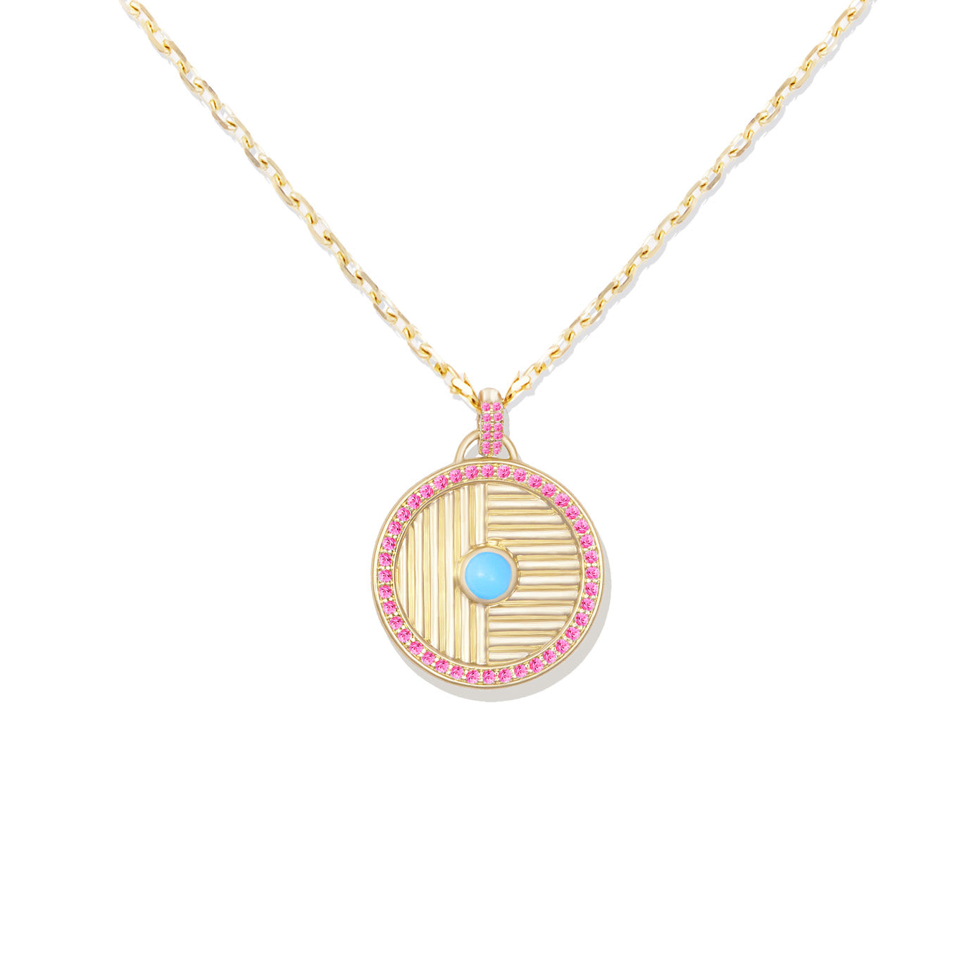 14 Karat Yellow Gold Large Found Disc Necklace with Turquoise & Pink Sapphires