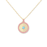 14 Karat Yellow Gold Large Found Disc Necklace with Turquoise & Pink Sapphires