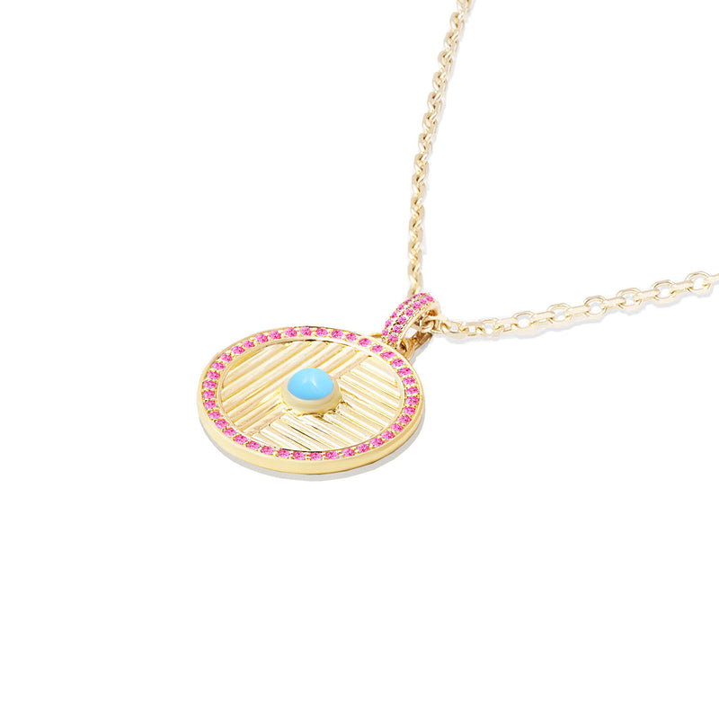 14 Karat Yellow Gold Large Found Disc Necklace with Turquoise & Pink Sapphires