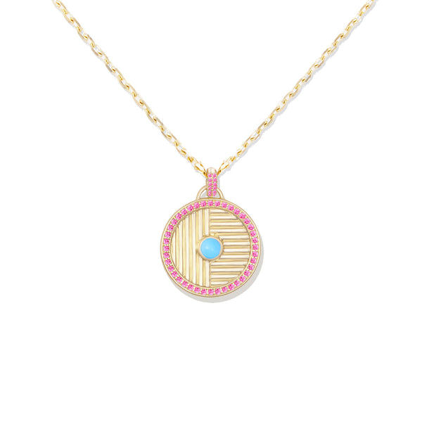 14 Karat Yellow Gold Large Found Disc Necklace with Turquoise & Pink Sapphires