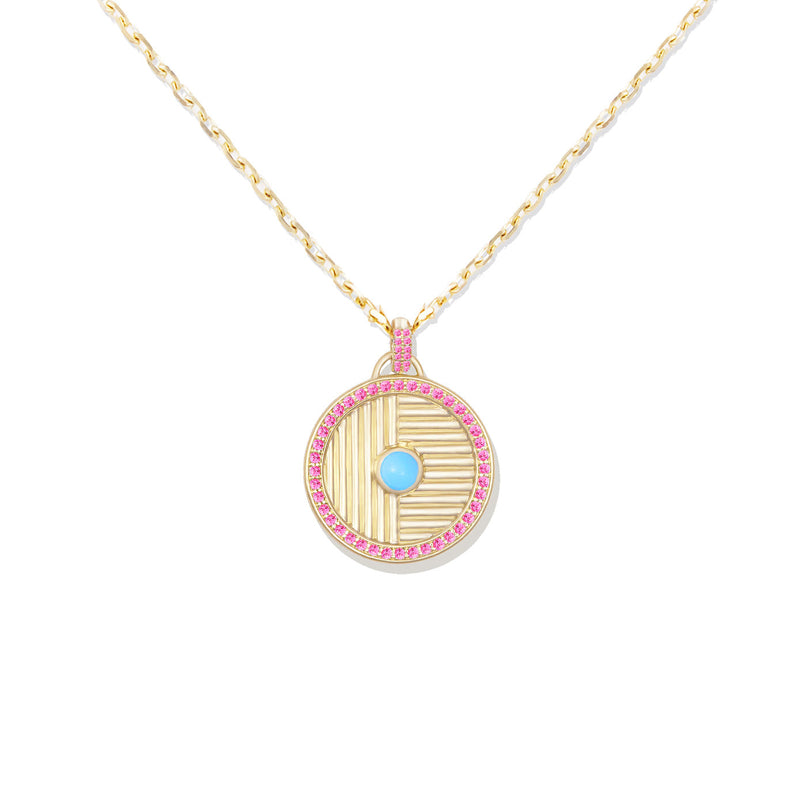 14 Karat Yellow Gold Large Found Disc Necklace with Turquoise & Pink Sapphires