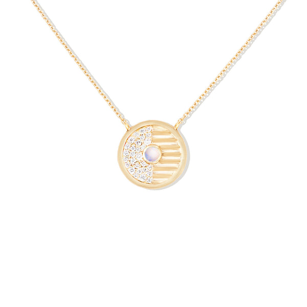 14 Karat Yellow Gold Found Small Disc necklace with moonstone & Diamonds