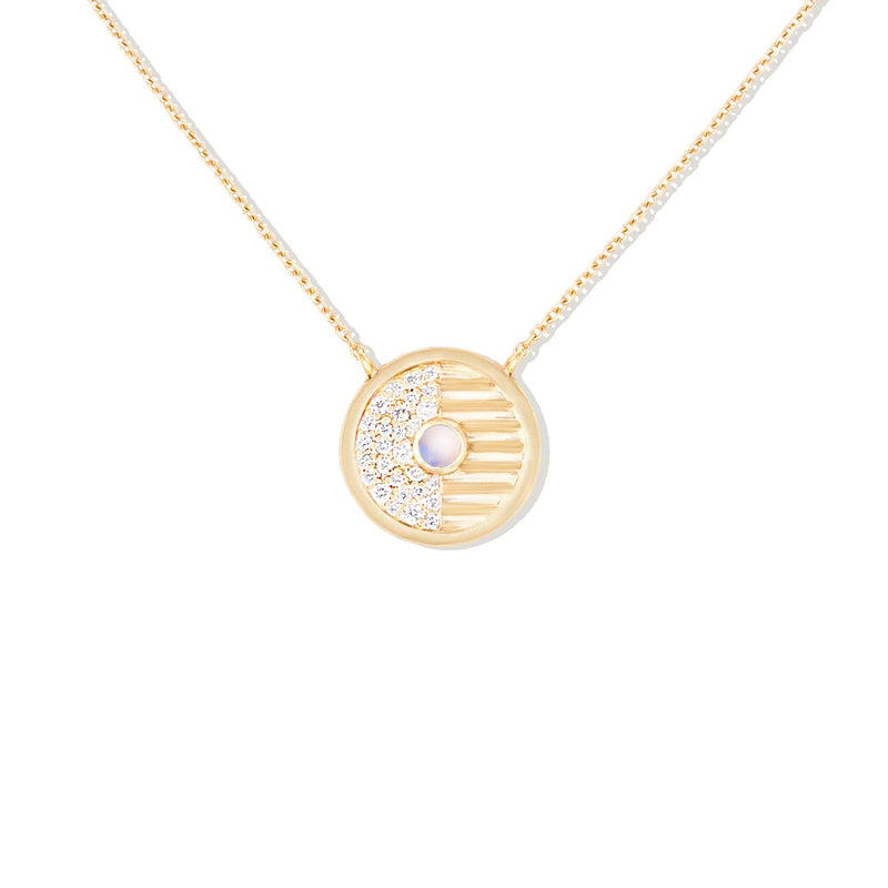 14 Karat Yellow Gold Found Small Disc necklace with moonstone & Diamonds