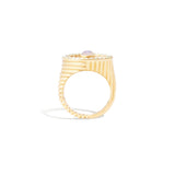 14 Karat Yellow Gold Round Ribbed Cocktail Ring with Moonstone & Diamonds