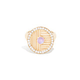 14 Karat Yellow Gold Round Ribbed Cocktail Ring with Moonstone & Diamonds