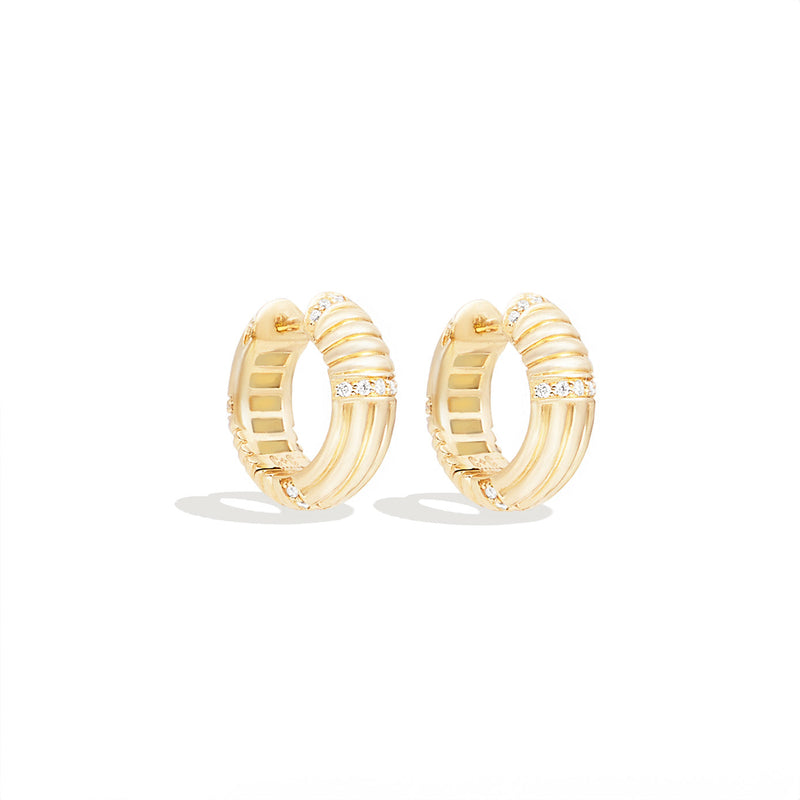 14 Karat Yellow Gold Round Ribbed Huggy Diamond Earrings