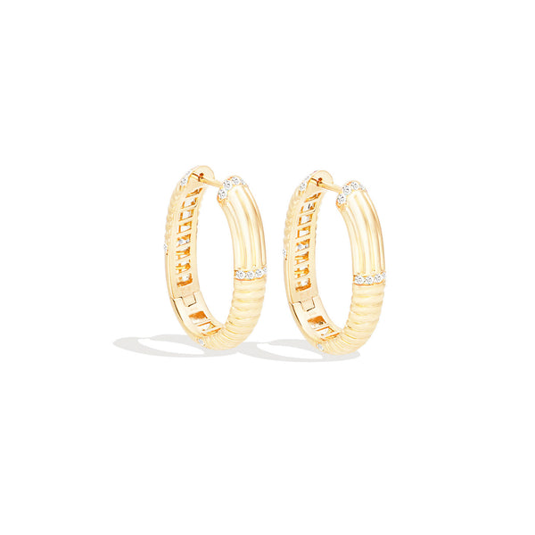14 Karat Yellow Gold Round Ribbed Oval Hoop Diamond Earrings