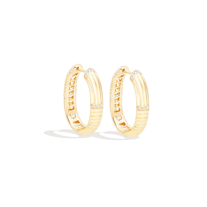 14 Karat Yellow Gold Round Ribbed Oval Hoop Diamond Earrings