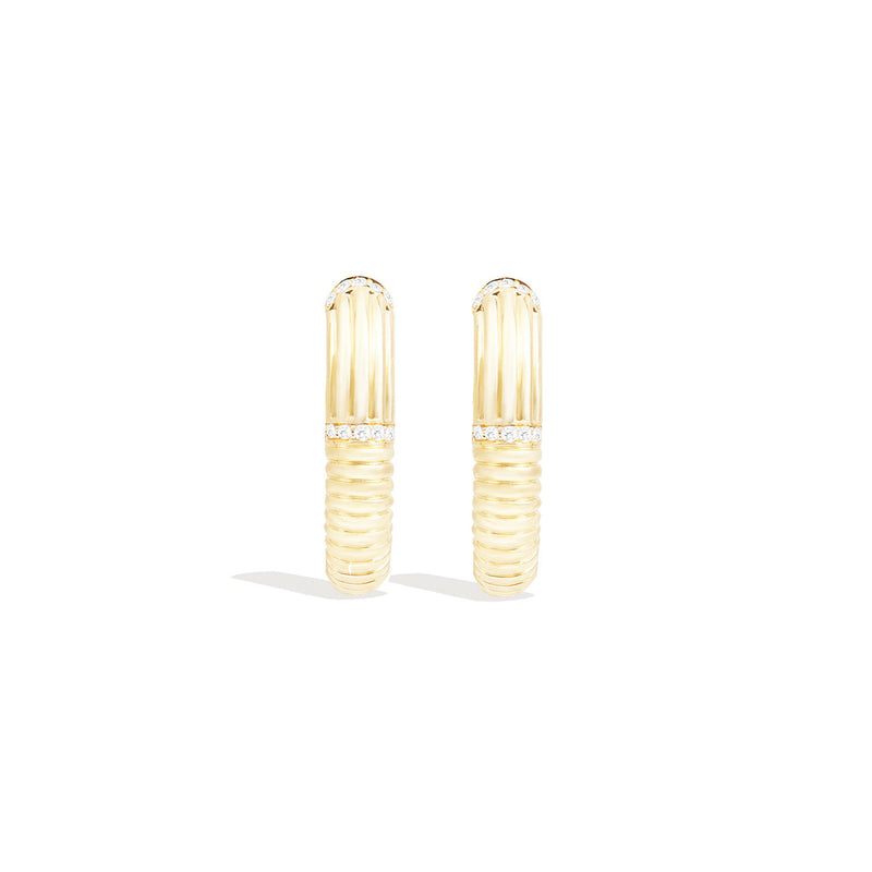 14 Karat Yellow Gold Round Ribbed Oval Hoop Diamond Earrings