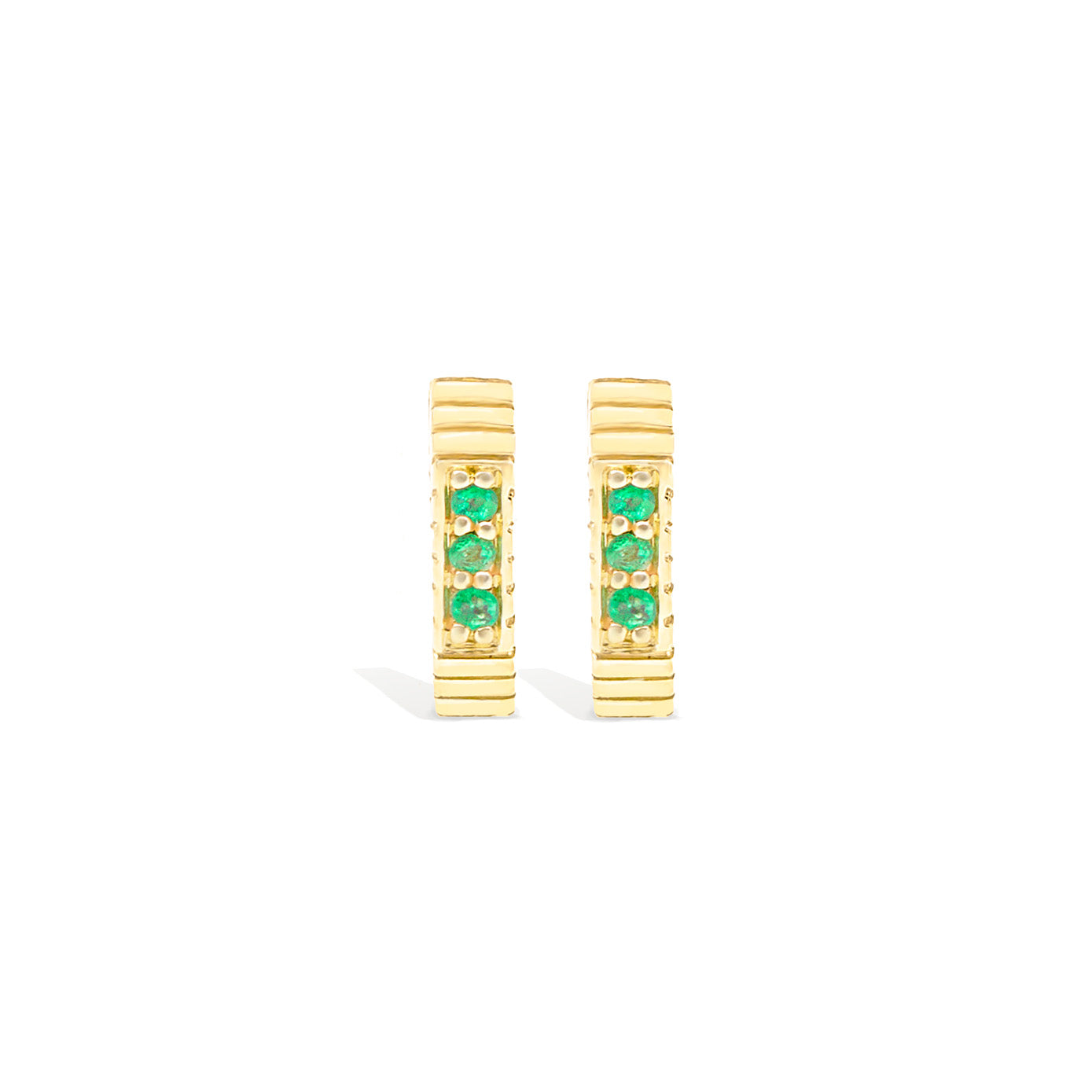 14 Karat Yellow Gold Spark Octagon Huggy Earring with Emeralds