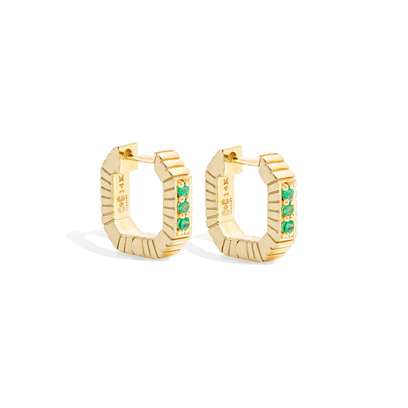 14 Karat Yellow Gold Spark Octagon Huggy Earring with Emeralds