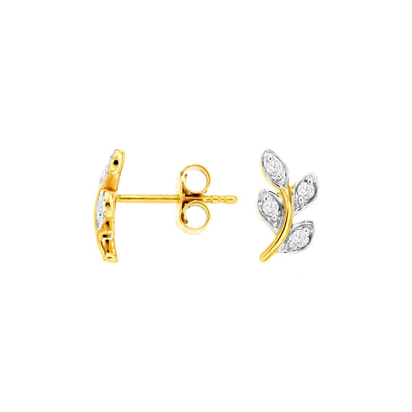 14 Karat Yellow Gold Leaf Earrings With Diamonds