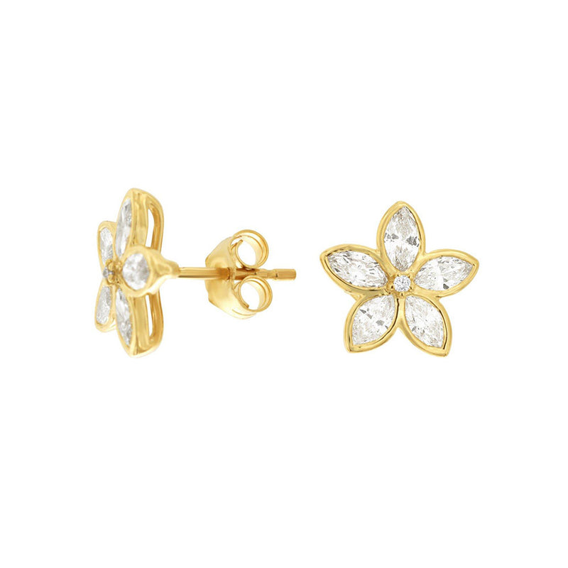 14 Karat Yellow Gold Flower Earrings With Diamonds