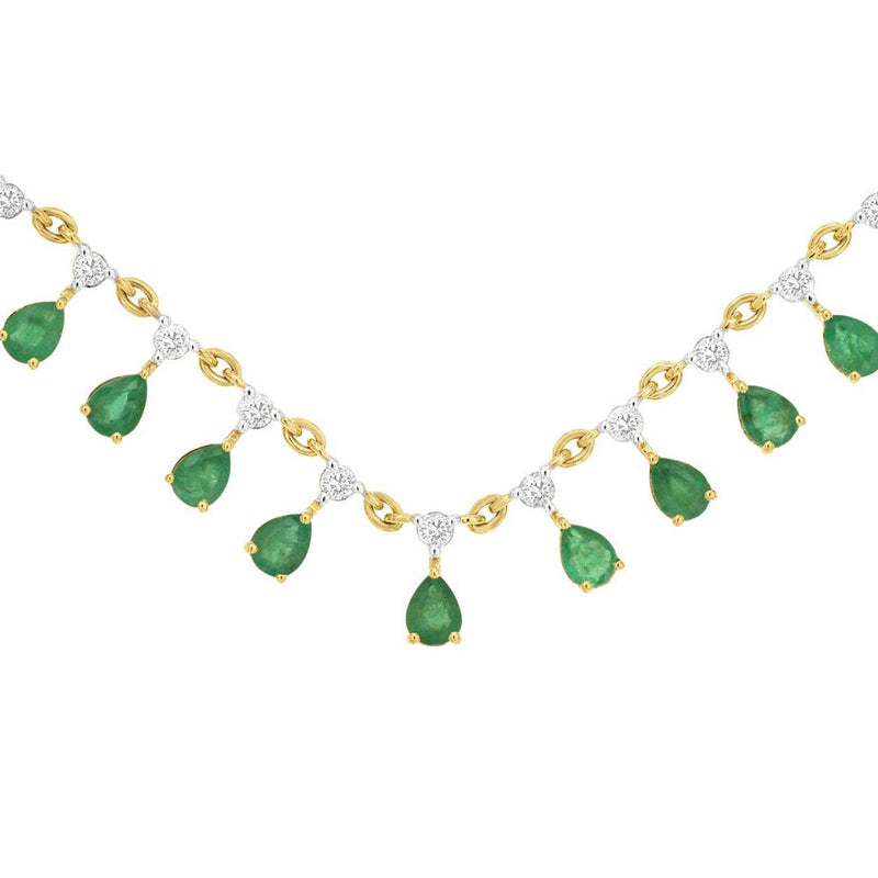 14 Karat Yellow Gold Chandelier Necklace With Emeralds And Diamonds