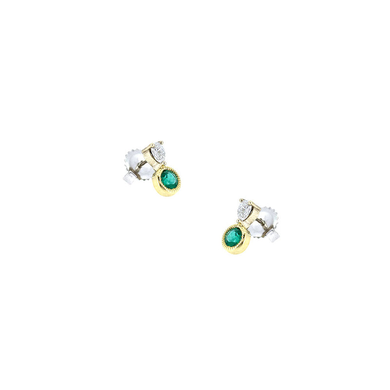 18 Karat Two-Tone Drop Earrings with Emeralds and Diamonds