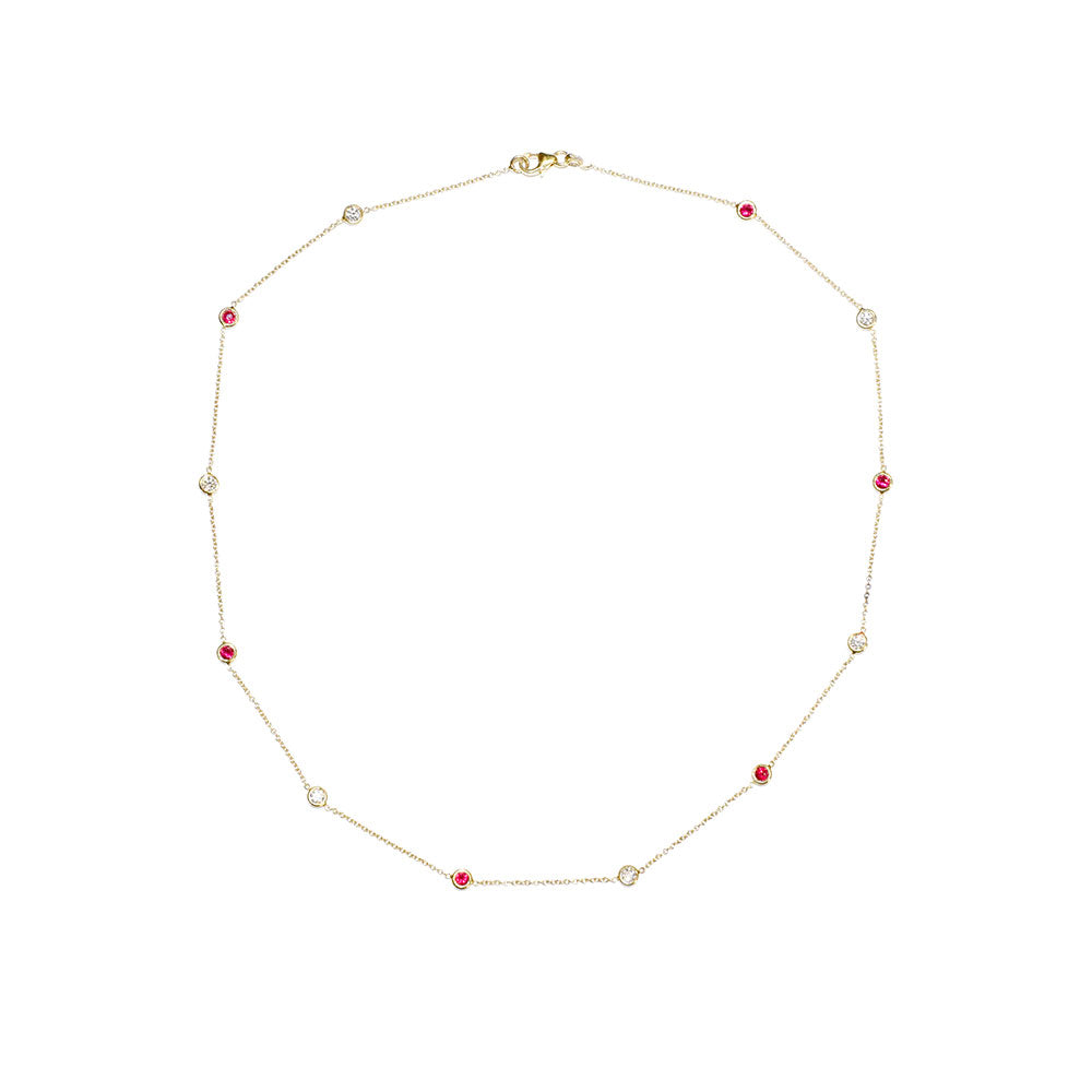 14 Karat Yellow Gold Diamond Station Necklace with Rubies and Diamonds