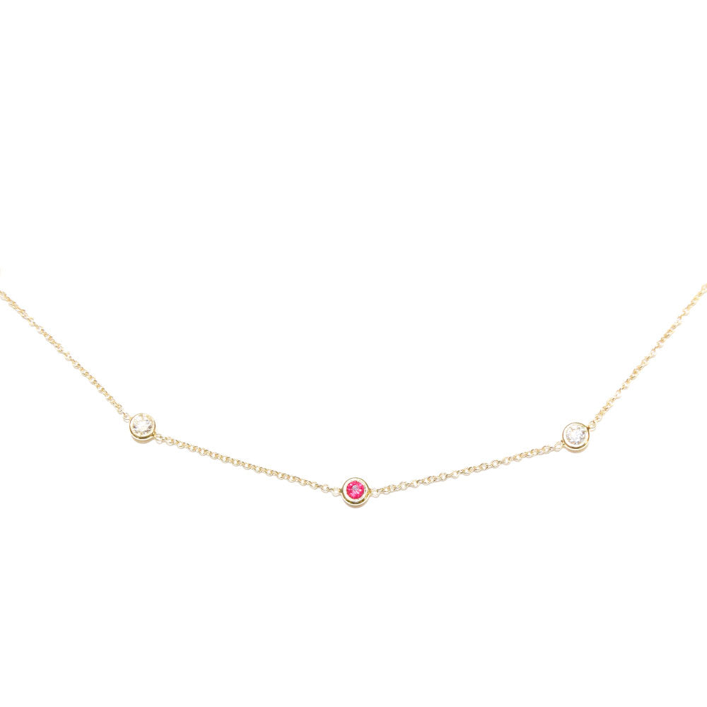 14 Karat Yellow Gold Diamond Station Necklace with Rubies and Diamonds