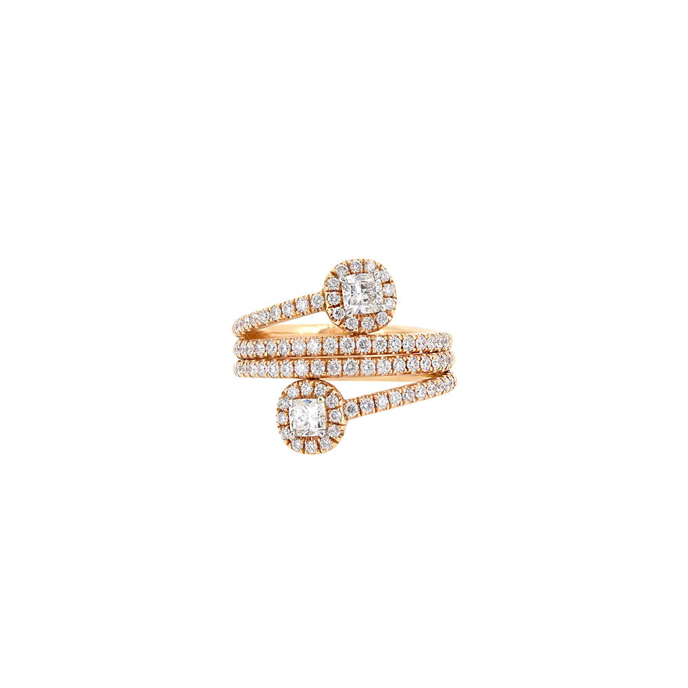 18 Karat Rose Gold Snake Ring with Cushion Cut and round Diamonds