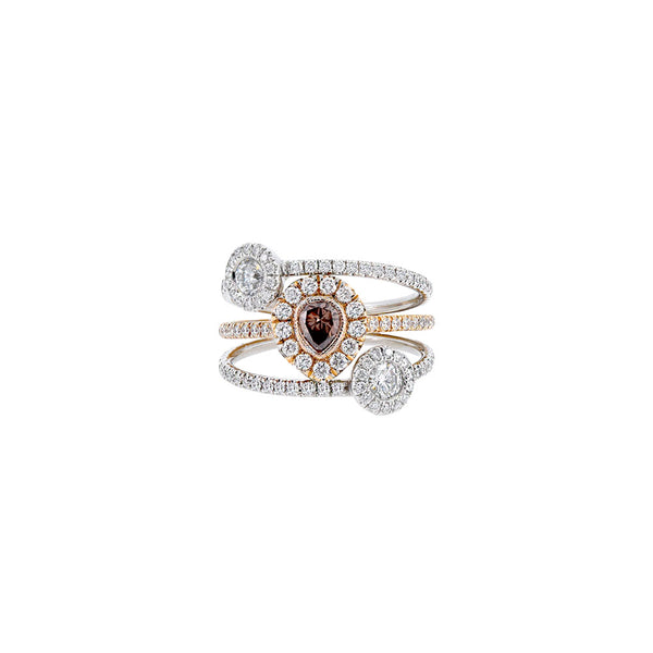 18 Karat Rose and White open Ring with a Pear Shaped Champagne Diamond and Round DIamonds