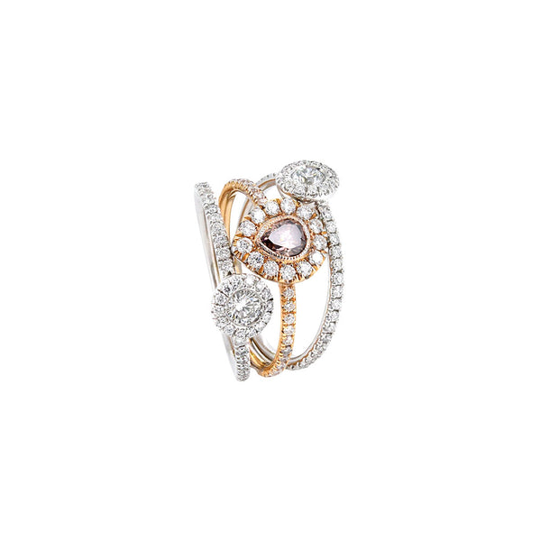 18 Karat Rose and White open Ring with a Pear Shaped Champagne Diamond and Round DIamonds