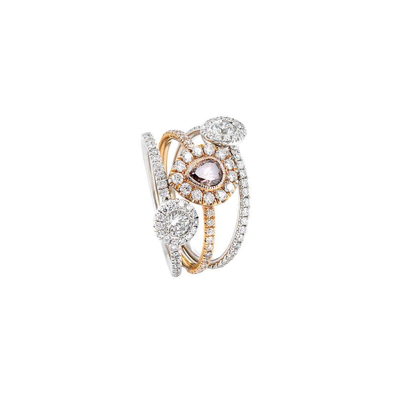18 Karat Rose and White open Ring with a Pear Shaped Champagne Diamond and Round DIamonds