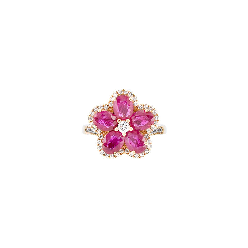 18 Karat Rose Gold Flower RIng with Oval Shaped Rubies and Diamonds
