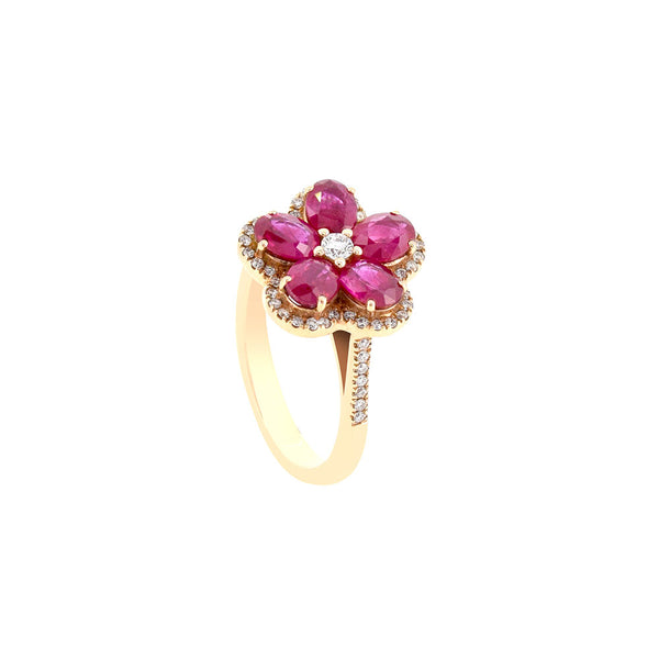 18 Karat Rose Gold Flower RIng with Oval Shaped Rubies and Diamonds