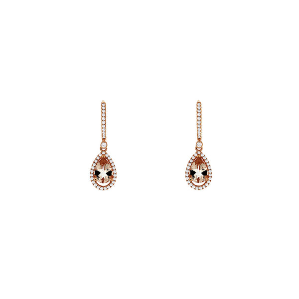 14 Karat Rose Gold Halo Drop Earrings With Morganites & Diamonds