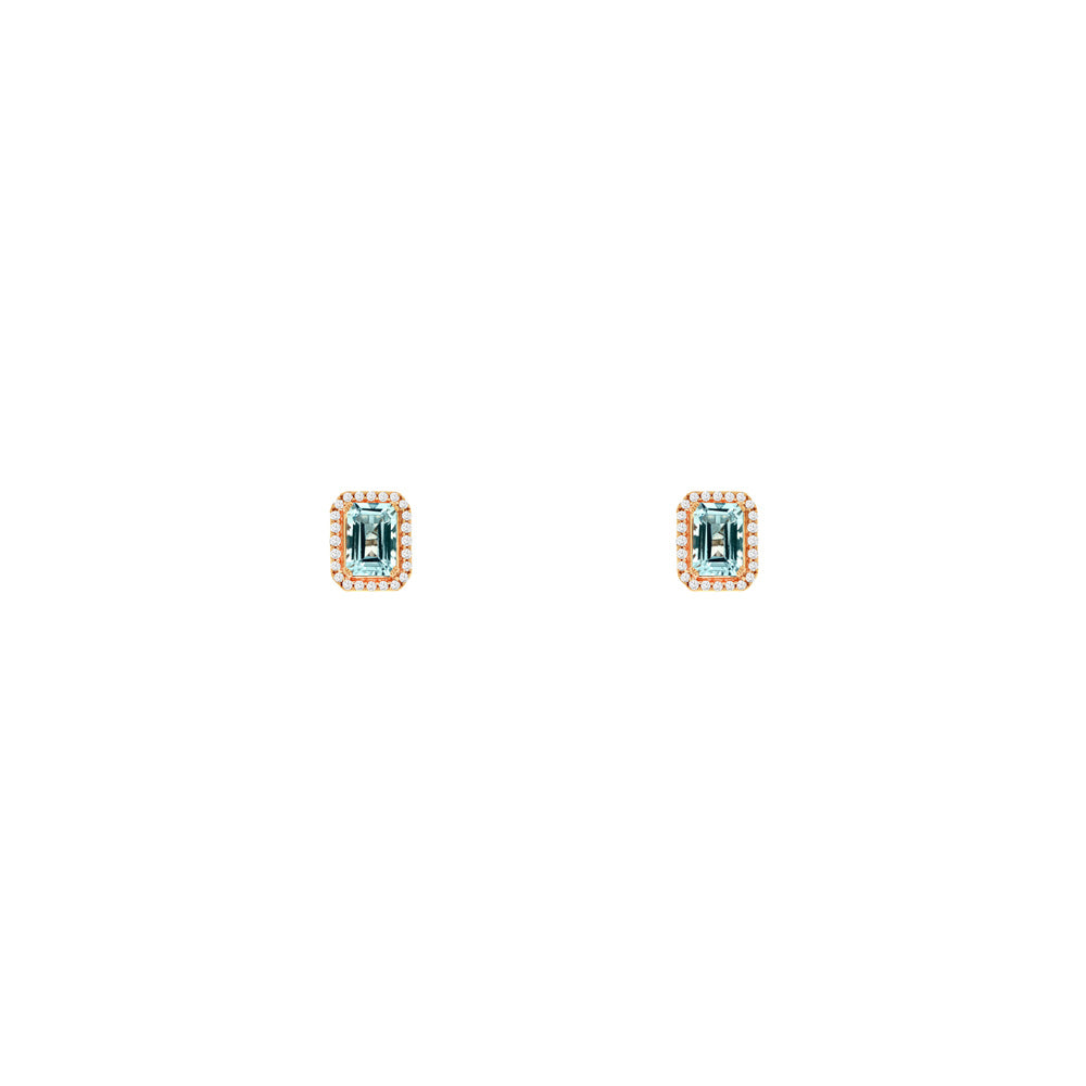 14 Karat Rose Gold Halo Earring With Aquamarine & Diamonds