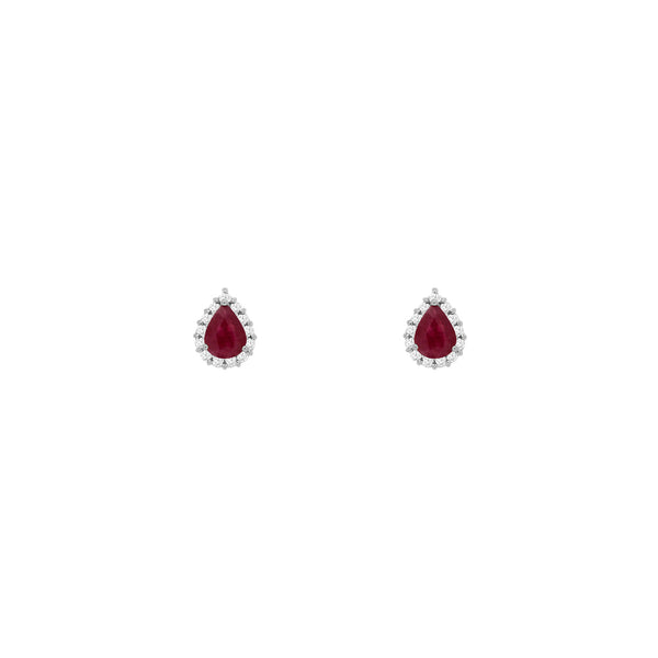 14 Karat White Gold Halo Earrings With Rubies & Diamonds