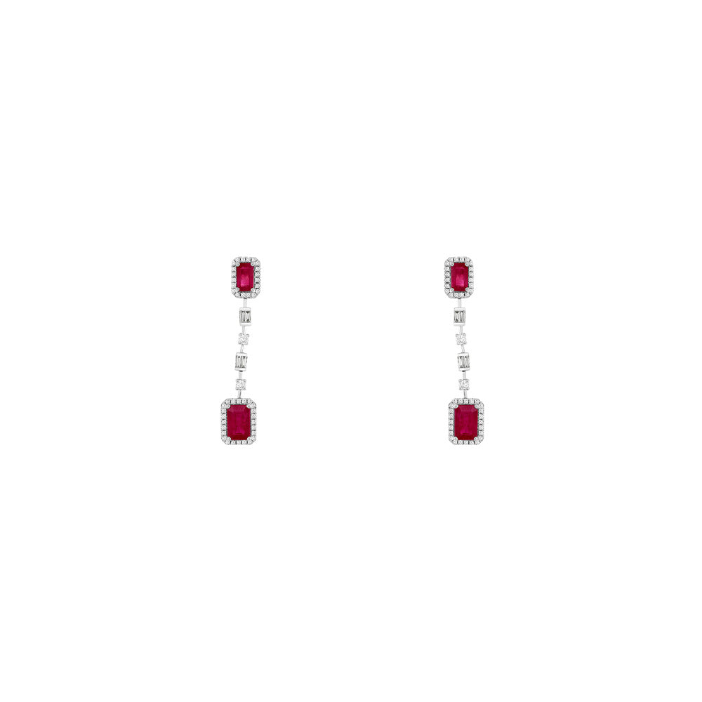 14 Karat White Gold Drop Earrings With Rubies & Diamonds